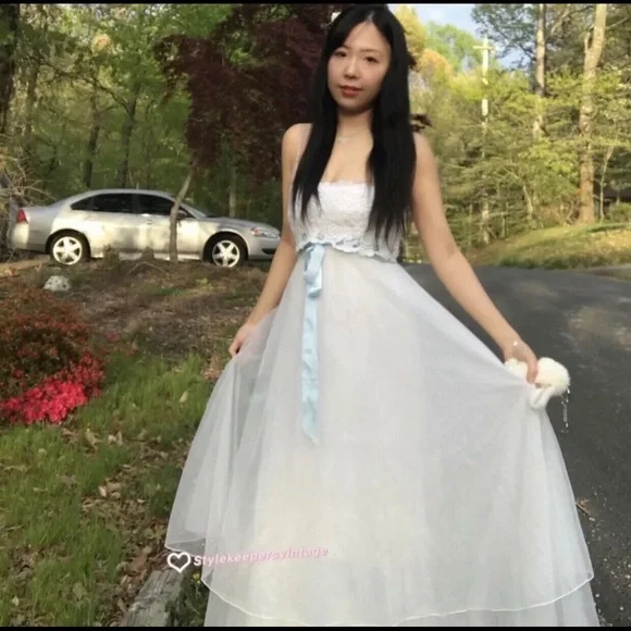 💖Gunne Sax💖Style Romantic Bridal Ivory Blue Ribbon Eyelet Lace Dress Sz S 💐 - Picture 4 of 10